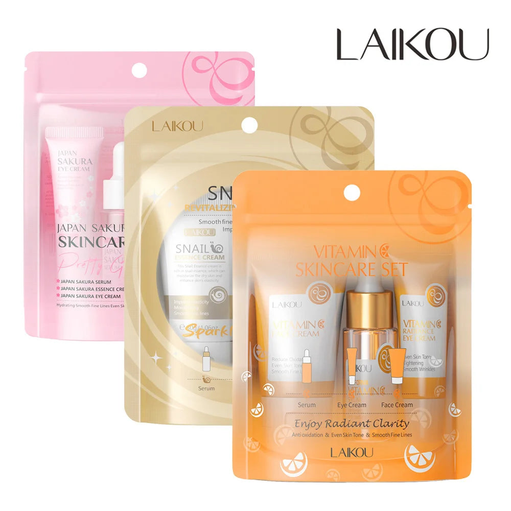 3pcs/set LAIKOU Skin Care Set Vitamin C Sakura Snail Essence Serum & Eye Cream & Face Cream Moisturizer Travel Size Skincare Set